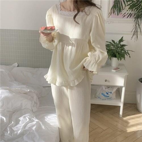 Women Autumn Cute Pajamas Set Women Sleepwear 100% Cotton Comfortable Home Suit Pullovers Pyjamas Pant 2 Piece Set