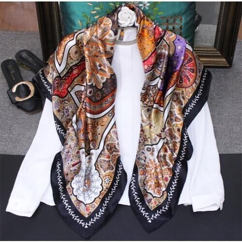 POBING 100% Real Silk Scarf Women Forest Print Square Scarves Manual Hand Rolled Pure Silk Foulards Femme Bandana Big Hijab110CM