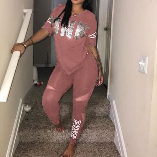 2019 Women Pink Letter Print Sexy Sweatsuit Plus Size Tops+Skinny Pants Sweat Suit Two Piece Tracksuit Casual 2 Piece Set S-Xxxl