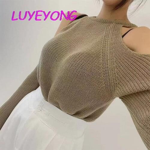 Korean Fashion Women Off Shoulder Backless Street Knit Sweaters Lady Loose Casual Pullover Sweater Autumn Black White Khaki
