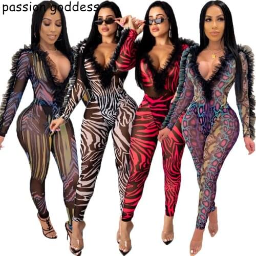 Plus Size 2020 Summer Women Long Sleeve Ruffles Sheer Mesh Print Sexy Night Club Skinny Bodysuits Long Pant 2 Piece Set Outfits