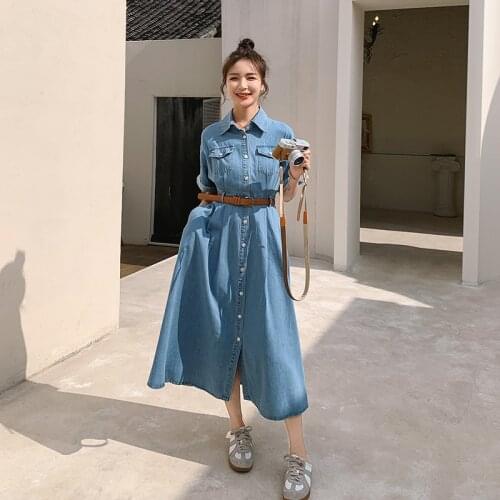 Womens Cowboy Dress Summer Loose Lady Dresses High Waist Korean Long Big Size Short Sleeves Lapel Casual Quality Skirt Female