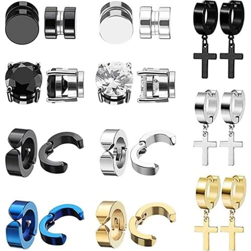2pcs Punk Mens Strong Magnet Magnetic Ear Stud Set Non Piercing Earrings Fake Cross Earrings Gift for Boyfriend Lover Jewelry