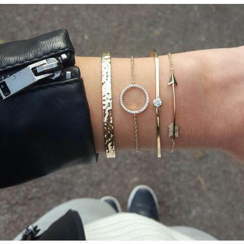 4pcs/set Boho Bangles, CZ Circle Arrow Hammer Bangles Bracelets In Gold Color