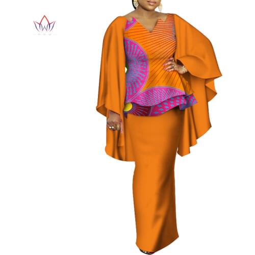 African Dresses for Women Bazin Riche African Clothes 2 Pieces Sets Dashiki Women Print Ruffle Sleeve Top and Skirt Sets WY3498