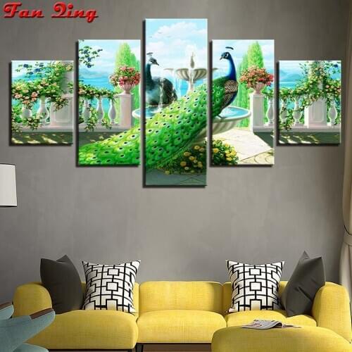Diamond Painting 5 Pcs Of Modern Home Decor Peacocks And Flower 5D Embroidery Full Square Round Rhinestone Mosaic Cross Stitch