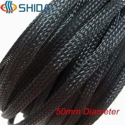 Free Shipping 50mm Diameter 5M Black High Density Braided PET Expandable Cable Sleeving,Cable Harness Sheathing Braid Sleeves