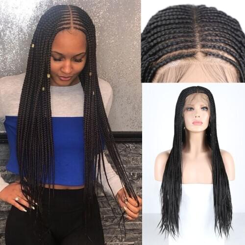 RONGDUOYI Long Braided Box Braids Wigs for Women Deep Part Synthetic Lace Front Wig Black High Temperature Hair Lace Wigs
