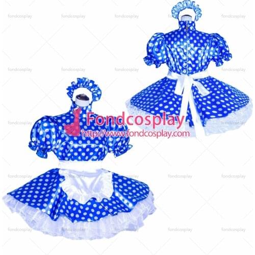 Fondcosplay adult sexy cross dressing sissy maid short French Lockable Blue dots satin Dress Uniform Costume Tailor-made[G4017]