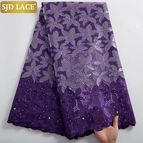 SJD LACE Purple African Lace Fabric With Stones Embroidery Swiss Voile Lace In Switzerland High Quality Cotton For Wedding A2403