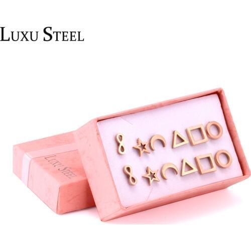 LUXUSTEEL Geometry Rose Gold Stud Earrings Brinco Stainless Steel Round/Triangle/Moon/Star/Square/ Infinity Earring Sets