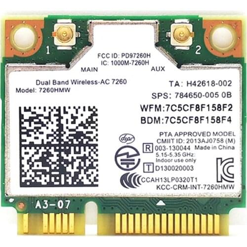 Mini Pcie Wifi Card Dual Band Wireless AC 7260 PCI Express Network Card 802.11Ac 2X2 Wi-Fi 7260Hmw Bluetooth 4.0