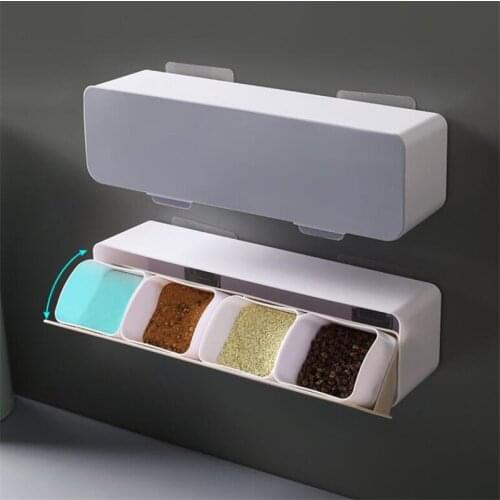 Wall Mounted Seasoning Box 4 Squares Set Household Salt Spice Jars Organizer Condiment Storage Container Cooking Tool Kitchen