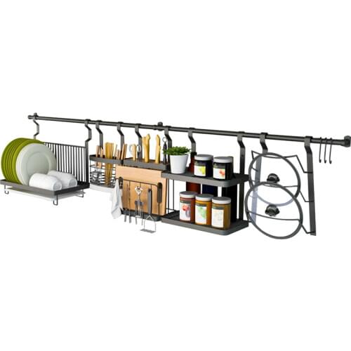 Black Paint Stainless Steel Kitchen Storage Rack No Drilling Wall Mounted Hanging Knife Rack Chopsticks Cage Dish Seasoning Rack