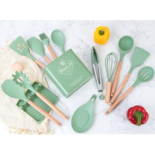 New Wooden Handle Silicone Kitchenware 12-Piece Set with Storage Bucket Kitchen Tools Silicone Kitchenware Set Cooking Ladel