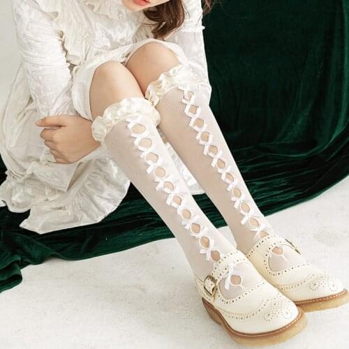 Origional Hollow out Beautiful Bow Silk Fabrics Lace Lolita Tube Socks GIRLS Bunching Socks