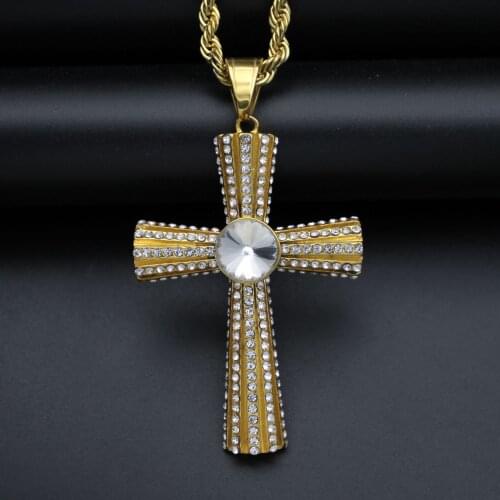Bling Bling Gold color Cross Pendant Iced Out White rhinestone Charm Men Necklace Fathers Day Gift Hip Hop Jewelry