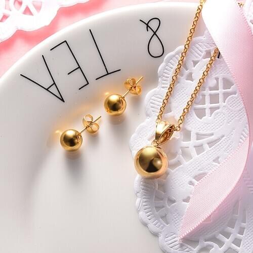 Simple Gold Plating Stainless Steel Ball Necklace and Earrings Jewelry Sets Vintage Wedding Bridal Jewelry Sets For Women