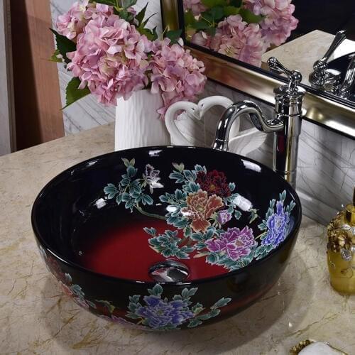 Hand-painted Hotel Washbasin Jingdezhen Bathroom ceramic sink wash basin Counter Top Wash Basin Bathroom Sinks peony pattern