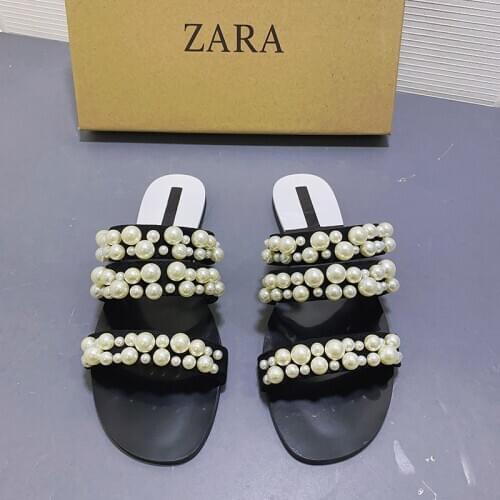 2020 brand women slippers fashion flat heel black open toe pearl flat slippers female slides outdoor flip-flops beach shoes