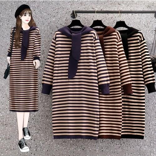 Knitted Striped Midi Long Sleeved Plus Large Size Oversize Korean Fashion Kawaii WomenS Elegant Dresses Autumn 2021 Clothing