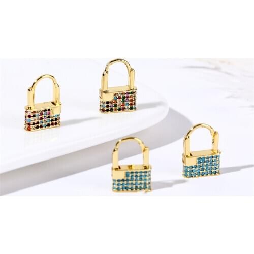 High Quality Womens Gold Color Copper Metal Cubic Zirconia Small Lock Drop Earrings For Women Fashion Multicolor Zircon Earring