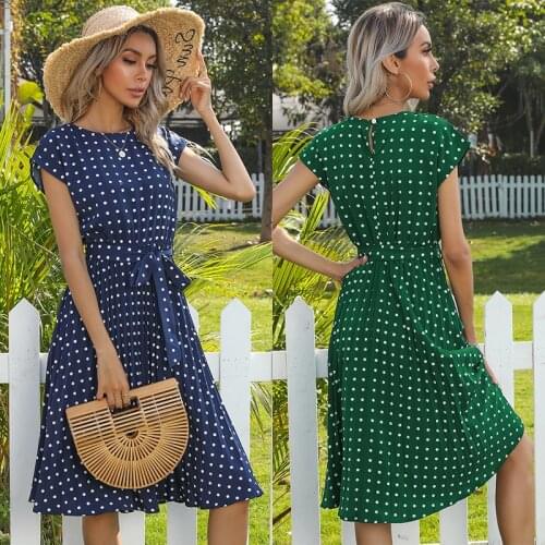 Witbuy Summer Dresses New vestido Mid Long Polka Dot Feifei Short Sleeve Lace Up Pleated A-line Casual Style Dress For Women