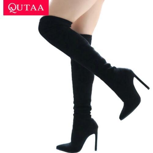 QUTAA 2020 Autumn Winter Women Shoes Pointed Toe Over The Knee High Boots Thin High Heel Slip on Stretch Long Boots Size 34-43