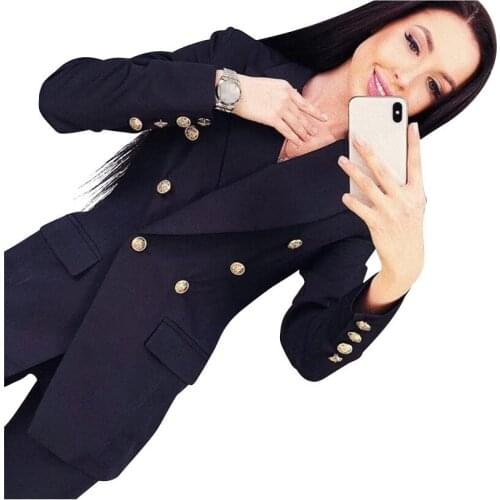 Woman Pant Suits Office Lady Sets Double Breasted Lined Blazer Jacket & Trousers 2 Piece Set