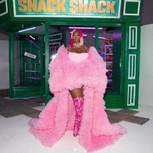 Chic Pink Ruffles Tiered Long Tulle Women Jacket Full Sleeves Floor Length Women Outfit Fashion Women Clothing 2021