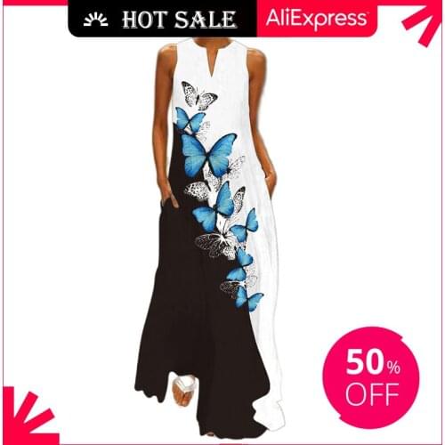 Sleeveless Long Dress 2021 Casual Beach Women Summer Maxi Dress Ladies V Neck Butterfly Printed Dresses Elegant Womens Dress