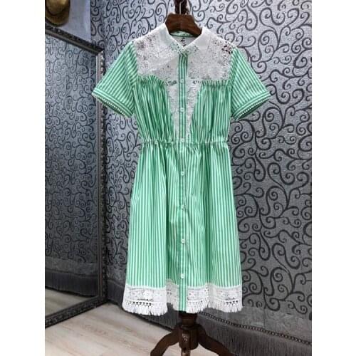 2021 Summer Fashion Striped Dress High Quality Women Turn-down Collar White Lace Patchwork Short Sleeve Casual Long Shirt Dress