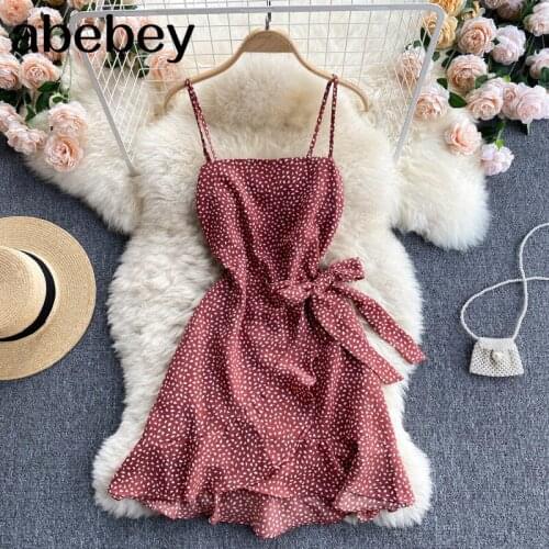 Women Retro Dot Print Strap Dress Korean Sleeveless Backless Party Dress Summer Chic Irregular Ruffles Short Dress