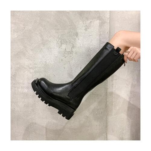 2021 New Knee High Boots Women Shoes Natural Genuine Leather Platform Riding Boots Zipper Ladies Long Boots Autumn Black Size 40