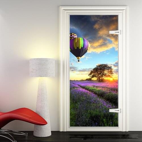 3D Hot Air Balloon Dusk Lavender Scenery Door Sticker For Living Room Home Design Decor Wallpaper Self-adhesive PVC Poster