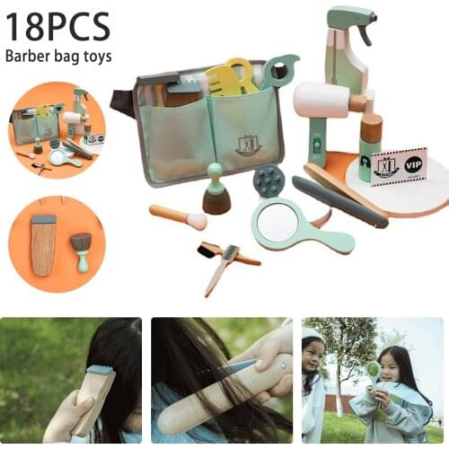 Wooden Haircut Toy Set Kids Barber Playset Hairdressing Toys Kit Play House Pretend Play Set Hairdressing Girls Makeup Toys