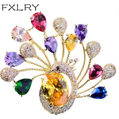 FXLRY New Fashion multicolor Cubic zirconia dazzling creative Peacock design brooches pin lady fashion jewelry accessory