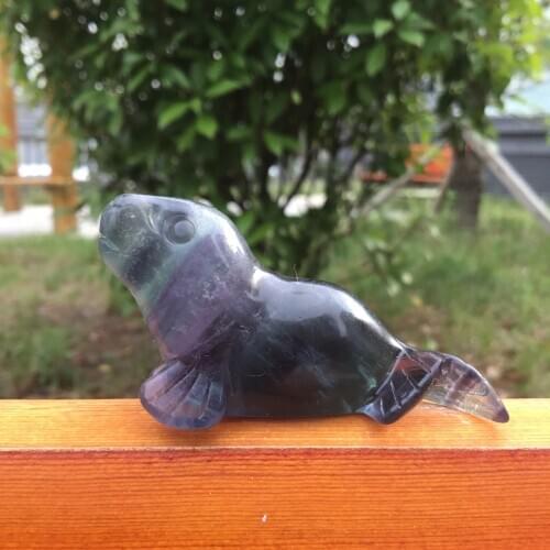 High Quality Healing Natural Stone Crystal Sea Dog Polished Hand Carved Fluorite Sea Lion Statue Cute Animal Chakra Gifts Decor