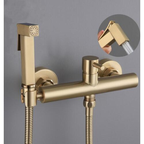 Bidet Faucet Set Brush Gold Wall Mounted Bathroom Bidet faucet High Pressure toilet gun Brass