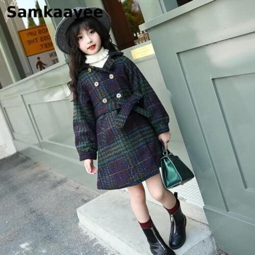 6-15y Girls Woolen Jackets Winter Kids Coat Outerwear Double-Breasted Plaid Blends Children Bow Belt Long Clothes Overcoat Y43