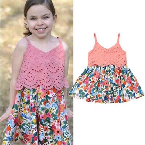 Summer Kids Baby Girls Clothes Girls Floral Sundress Flowers Patchwork Sling Sleeveless Solid Party Princess Dress A-Line 1-6Y