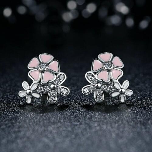 Fashion Silver Color Poetic Daisy Cherry Blossom Charm P Earrings Mixed Clear CZ Pink Flower Stud Earing Fit Women Wedding