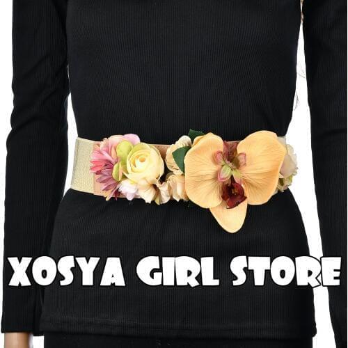 Fashion Women Elastic Wide Corset Belt For Women Glass Crystal Ceinture Ladies Thin Flower inlaid Belt Waist Girdle BW05