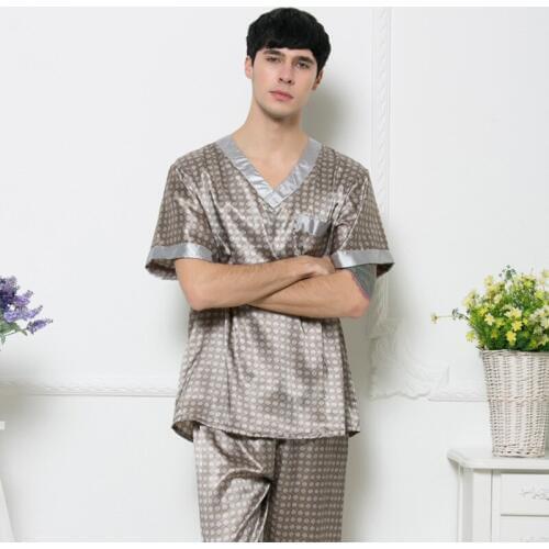 Mens Stain Silk Pajamas Sets Men Summer Homewear pijama hombre Short Sleeve Trousers sexy pajamas for men