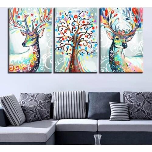 Round Drill 5D DIY Diamond Painting 3 Pieces Color Abstract Deer Pictures Butterfly Tree Embroidery Cross Stitch A895