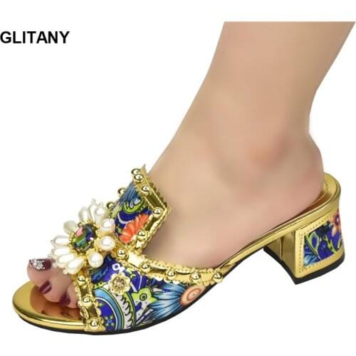 New Arrival Pumps Women Shoes Elegant Nigerian Party Shoes Decorated with Rhinestone Wedding Dress Slip on Block Heel Shoes