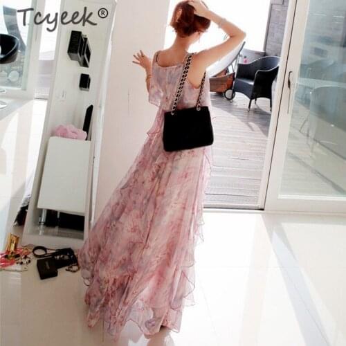 Tcyeek Summer Dress Women Boho Vestido Korean Sexy Chiffon Floral Maxi Dress Sleeveless Casual Beach Party Dress Vestidos 89957