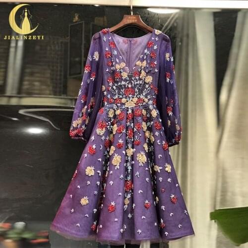 Rhine Real picture purple long sleeves with beads flowers luxurious dress women evening dress long formal dresses