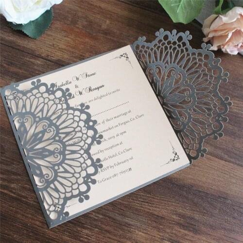 Invitation Card Paper Wedding Baptism Anniversary Customized Text Printing Ribbon Belly band Shimmer Invites 50pcs