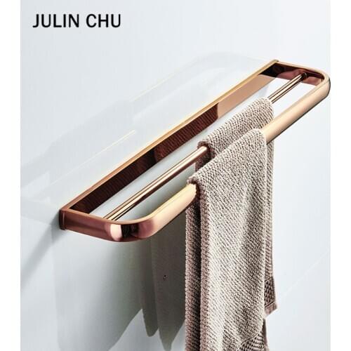 Rose Gold Towel Rail Antiuqe Bronze Brass Wall Mounted Bathroom Double Bathtowel Bar Storage Towel Holder Rack Shelf White 57cm
